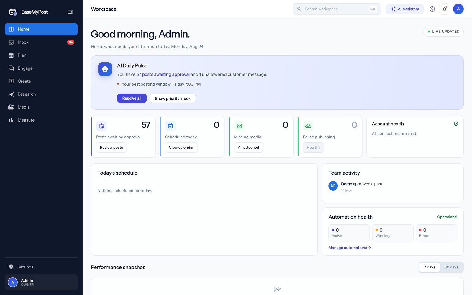 The EaseMyPost workspace home screen, showing posts awaiting approval, what is scheduled today, account health and automation health.